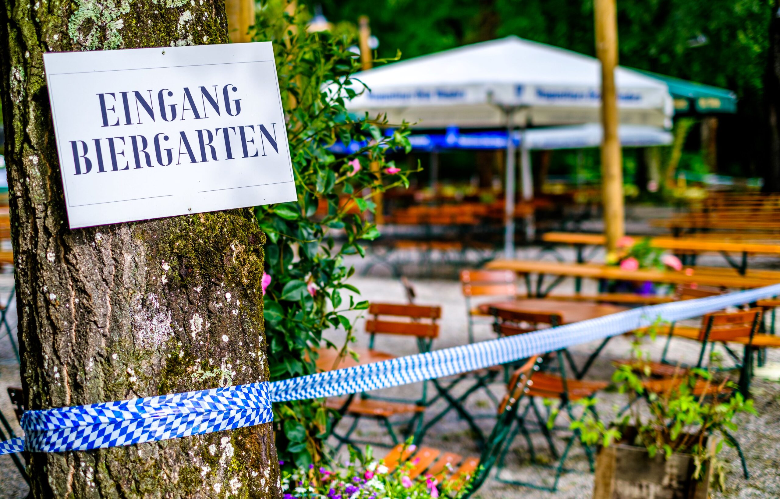 An einem Baum ist ein Schild befestigt und im Hintergrund ist ein Biergarten zu sehen 